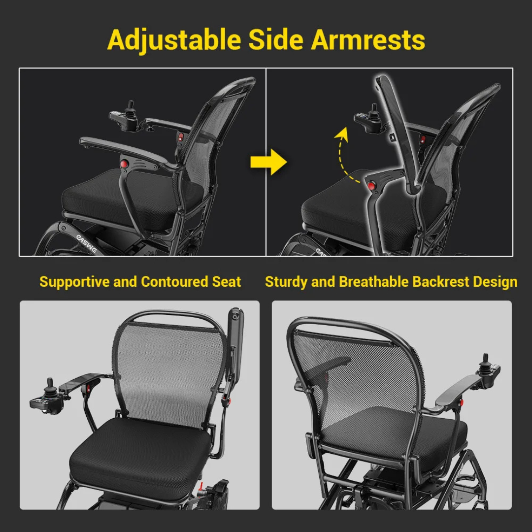 A graphic displays the Easwe® C20 – Long Range Carbon Fiber Electric Wheelchair, with top images showing adjustable side armrests, and bottom images highlighting its contoured seat and sturdy, breathable backrest for mobility freedom.