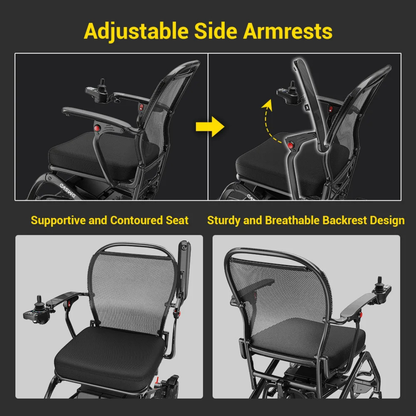 A graphic displays the Easwe® C20 – Long Range Carbon Fiber Electric Wheelchair, with top images showing adjustable side armrests, and bottom images highlighting its contoured seat and sturdy, breathable backrest for mobility freedom.