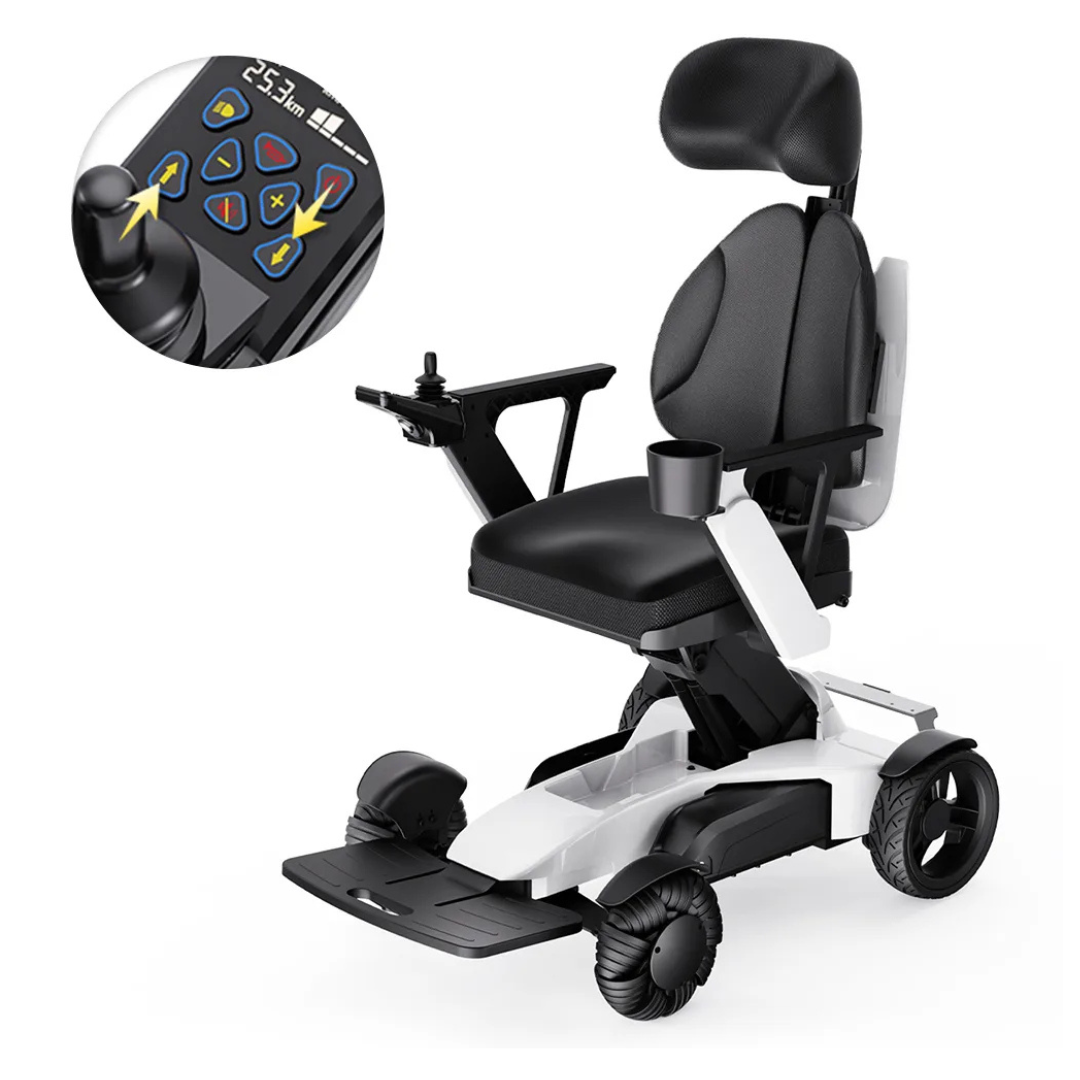 The Easwe™ L10 Luxury Electric Wheelchair features a padded seat, adjustable height, armrests, headrest, footrest, cup holder, and joystick with icon buttons and digital display. Inset shows close-up of the intuitive control panel.