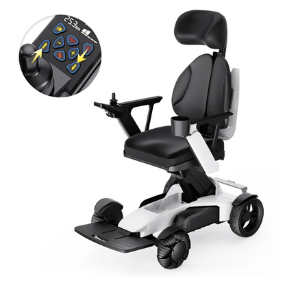 The Easwe™ L10 Luxury Electric Wheelchair features a padded seat, adjustable height, armrests, headrest, footrest, cup holder, and joystick with icon buttons and digital display. Inset shows close-up of the intuitive control panel.