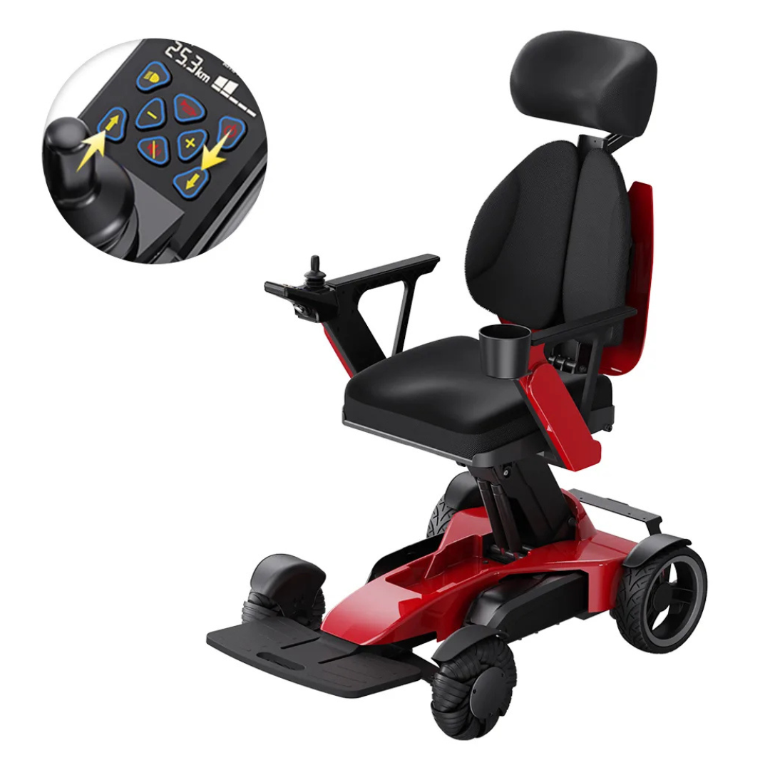 The Easwe™ L10 Luxury Electric Wheelchair in red and black features a joystick control panel, cup holder, padded seat, adjustable seat height, armrests, and footrest. Inset: close-up of joystick and control buttons.