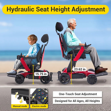 A young boy and an older man sit at different heights on the Easwe™ L10 Luxury Electric Wheelchair, which features an adjustable seat height from 15.75" to 23.62" and offers both manual and electric modes—perfect for all ages.
