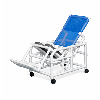 The IPU Easy-Tilt PVC Reclining Rolling Shower Chair features a white PVC frame, blue mesh seat and backrest, footrest, and black wheels—designed for comfort, support, mobility, and durability for everyday use.