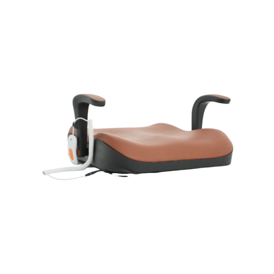 A brown and black booster seat with armrests and an attached white and orange remote control, designed for comfort similar to the Easy Stand-Up Electric Lift | VOCIC AX16 Pro, is shown on a white background.