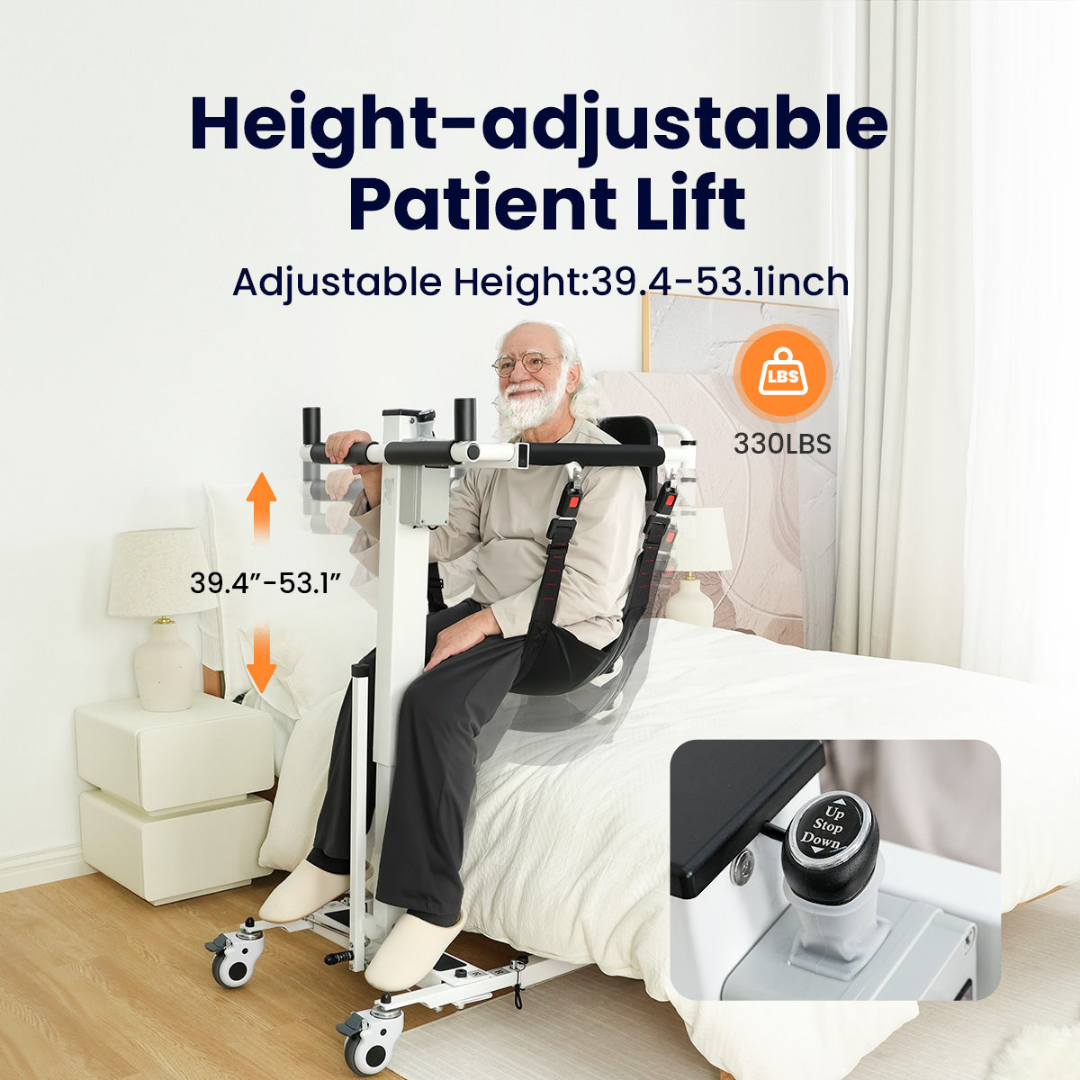 An older man sits on the VOCIC AY06 Electric Folding Patient Transfer Lift next to a bed. This height-adjustable lift supports up to 330 lbs and offers an adjustable height range of 39.4–53.1 inches. A close-up highlights the Up Down Safety Switch button, showcasing the user-friendly controls of the Electric Folding Patient Transfer Lift | VOCIC AY06.