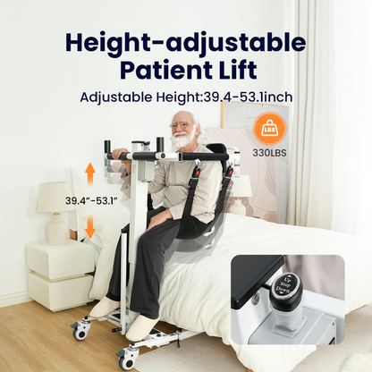 An older man sits on the VOCIC AY06 Electric Folding Patient Transfer Lift next to a bed. This height-adjustable lift supports up to 330 lbs and offers an adjustable height range of 39.4–53.1 inches. A close-up highlights the Up Down Safety Switch button, showcasing the user-friendly controls of the Electric Folding Patient Transfer Lift | VOCIC AY06.