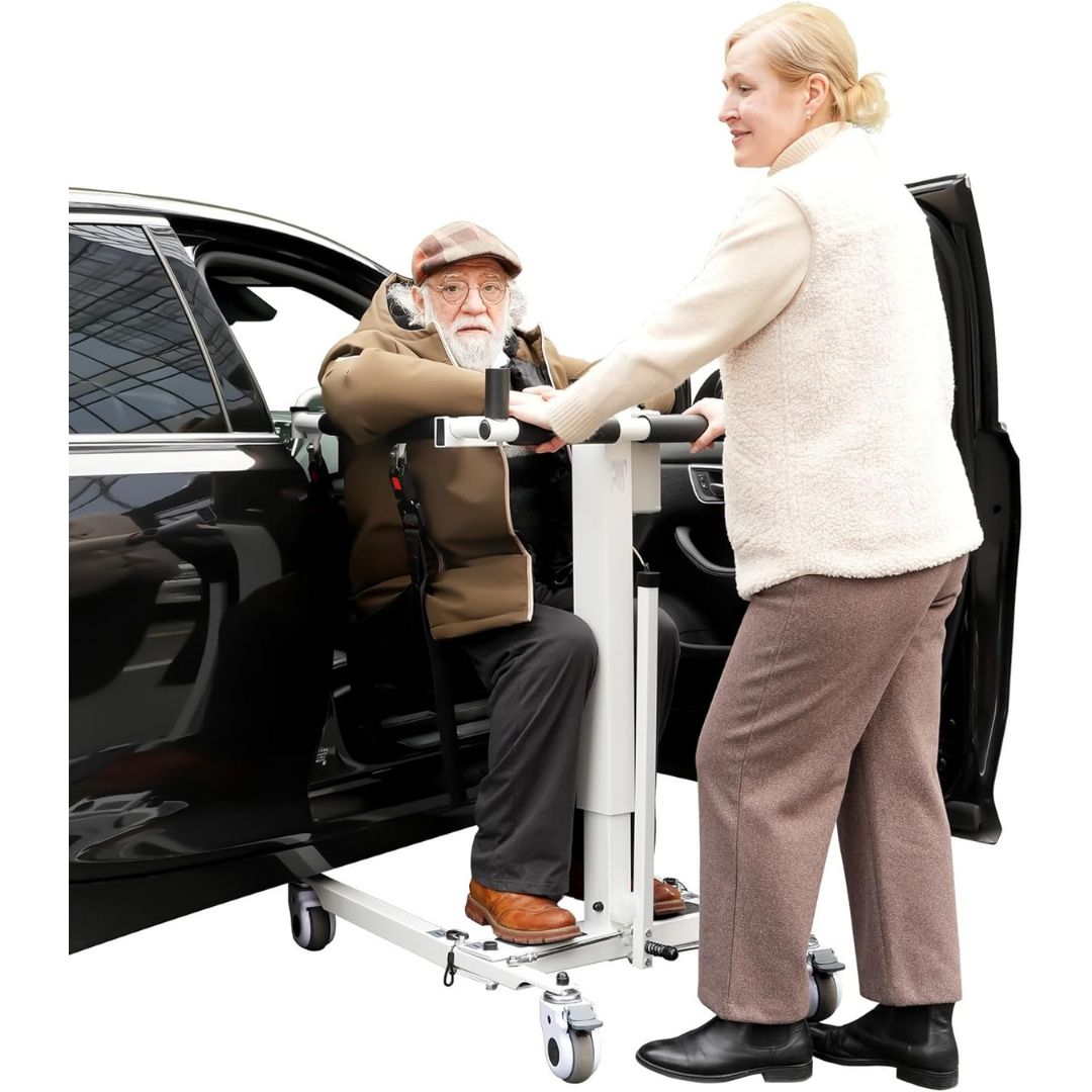 An older man sits in a car while a woman uses the VOCIC AY06 Electric Folding Patient Transfer Lift with wheels to help him transfer out of the vehicle.