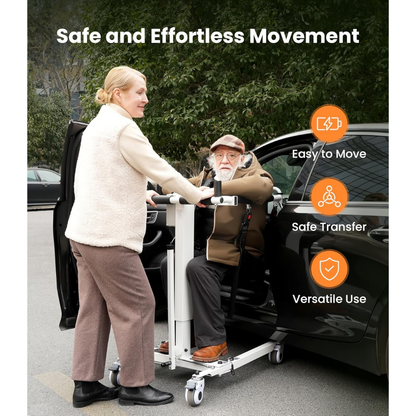 A woman assists an elderly man using the Electric Folding Patient Transfer Lift | VOCIC AY06 beside a car. Text on the image reads: Easy to Move, Safe Transfer, and Versatile Use. Trees and a building are visible in the background.