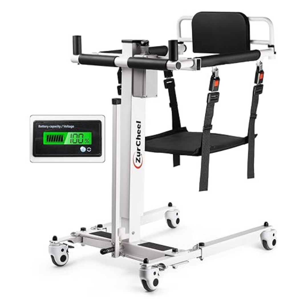 Here’s a rewritten version using your product data: The Electric Folding Patient Transfer Lift | VOCIC AY06 is a medical mobility device featuring a seat, safety straps, wheels, and an attached digital display showing 100% battery. The frame is labeled Zzyr Cheel. This innovative lift offers enhanced convenience and reliability for patient mobility needs.