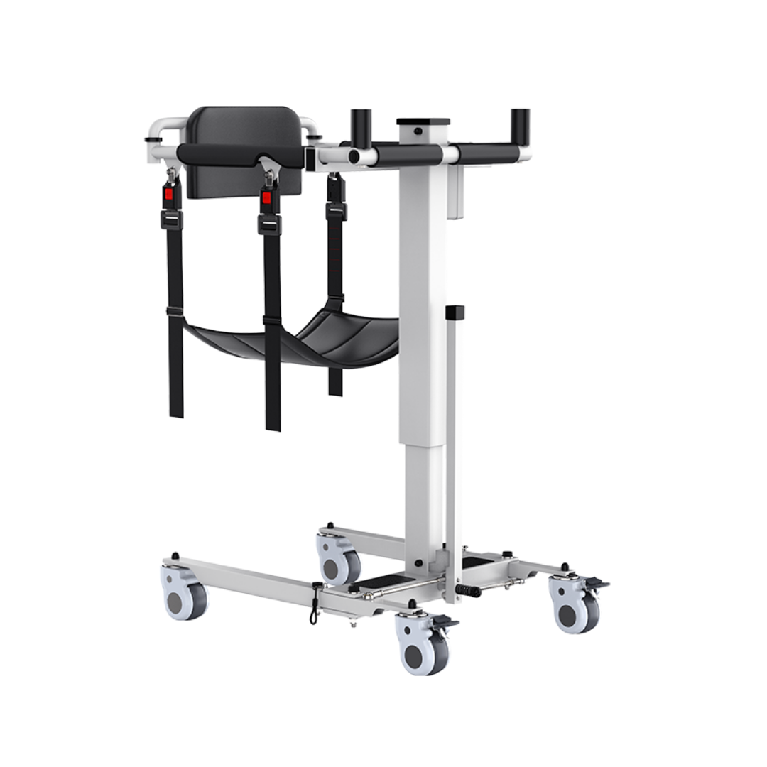The Electric Folding Patient Transfer Lift | VOCIC AY06 features a padded seat, adjustable straps, convenient handles, and four wheels for enhanced mobility. Designed for safe lifting and transferring of individuals, the VOCIC AY06 lift combines sturdy construction with user-friendly electric controls to ensure comfortable and reliable patient transfers.