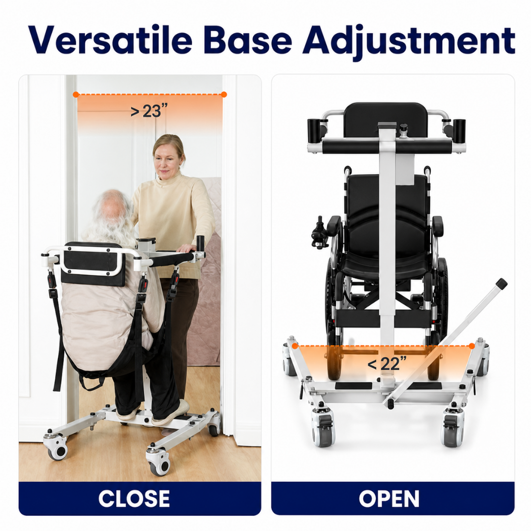 A woman assists an older man using the VOCIC AY06 Electric Folding Patient Transfer Lift, which features an adjustable base—its closed position fits through doorways wider than 23 inches, while its open position accommodates wheelchairs narrower than 22 inches.