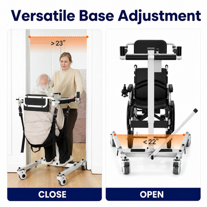 A woman assists an older man using the VOCIC AY06 Electric Folding Patient Transfer Lift, which features an adjustable base—its closed position fits through doorways wider than 23 inches, while its open position accommodates wheelchairs narrower than 22 inches.