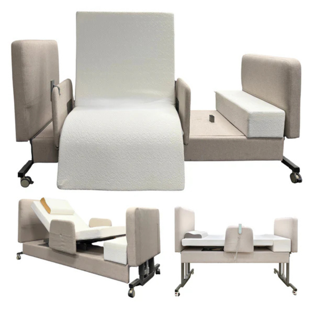 Three views of the Elevra Deluxe Rotating Hi-Lo Lift Assist Bed: upright with side supports, reclined with raised leg support, and a top view showing separated sections for easy access. Wheels provide enhanced mobility.