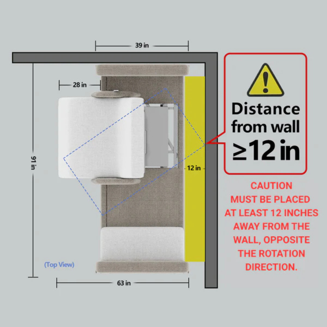Top view diagram of a massage chair near a wall, showing its dimensions and noting it must be at least 12" from the wall—the same spacing needed for the Elevra Deluxe Rotating Hi-Lo Lift Assist Bed.