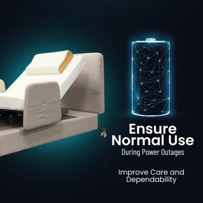 The Elevra Deluxe Rotating Hi-Lo Lift Assist Bed stands next to a glowing battery icon: Ensure normal use during power outages. Boost care and dependability.
