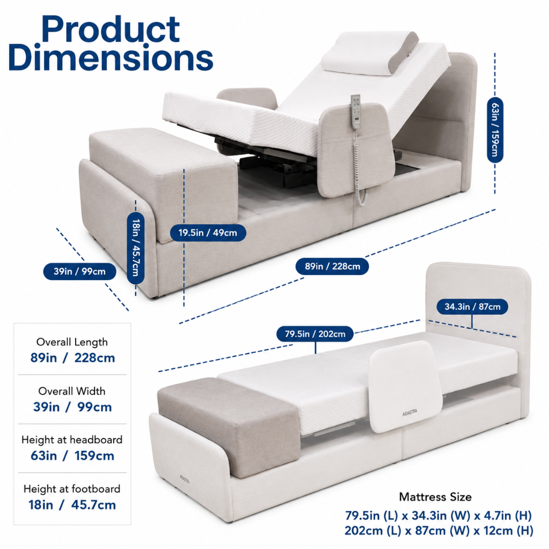 Diagram showing the Elevra Deluxe Rotating Lift Assist Bed - Dual King with motorized adjustability. Dimensions: 89in/228cm (L), 39in/99cm (W), headboard 63in/159cm, footboard 18in/45.7cm, mattress 79.5x34.3x4.7in.