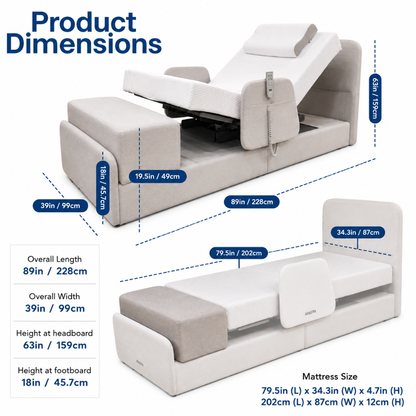 Diagram showing the Elevra Deluxe Rotating Lift Assist Bed - Dual King with motorized adjustability. Dimensions: 89in/228cm (L), 39in/99cm (W), headboard 63in/159cm, footboard 18in/45.7cm, mattress 79.5x34.3x4.7in.