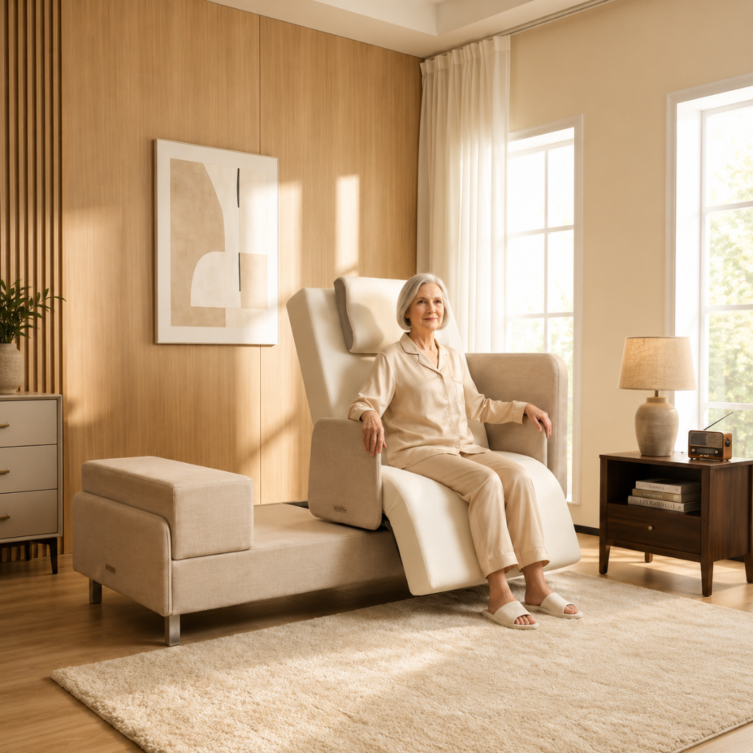 An older woman relaxes in a modern beige recliner in a bright, cozy living room. Beside her, the Elevra Deluxe Rotating Lift Assist Bed provides added comfort and style amid large windows, neutral decor, a lamp side table, and minimalist artwork.