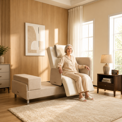 An older woman relaxes in a modern beige recliner with ottoman, near an Elevra Deluxe Rotating Lift Assist Bed - Dual King in a bright, stylish living room with large windows, light wood furniture, and minimalistic decor.