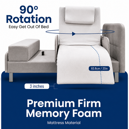 The Elevra Deluxe Rotating Lift Assist Bed - Dual King offers 90° rotation for easy exit, features a 3-inch premium firm memory foam mattress, and showcases a modern gray and white design. Width: 83.8 cm (33 in).