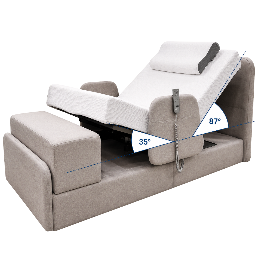 The Elevra Deluxe Rotating Lift Assist Bed - Dual King features a beige frame, white mattress, upper elevation to 35°, lower to 87°, and a side-attached remote for advanced homecare convenience.