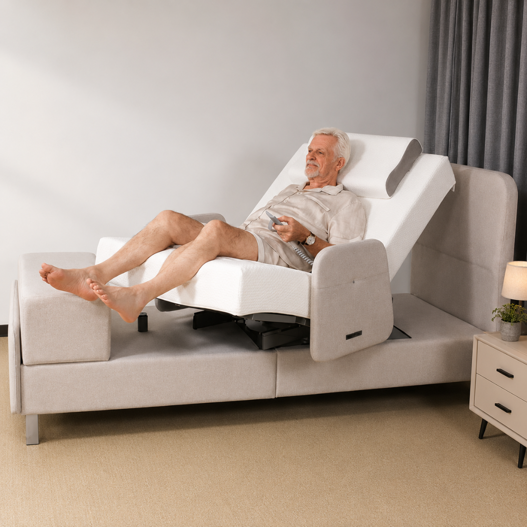 An elderly man in light pajamas reclines on the Elevra Deluxe Rotating Lift Assist Bed - Dual King, using a remote to tilt his head and legs. A nightstand with a lamp and potted plant sits beside this advanced homecare bed.