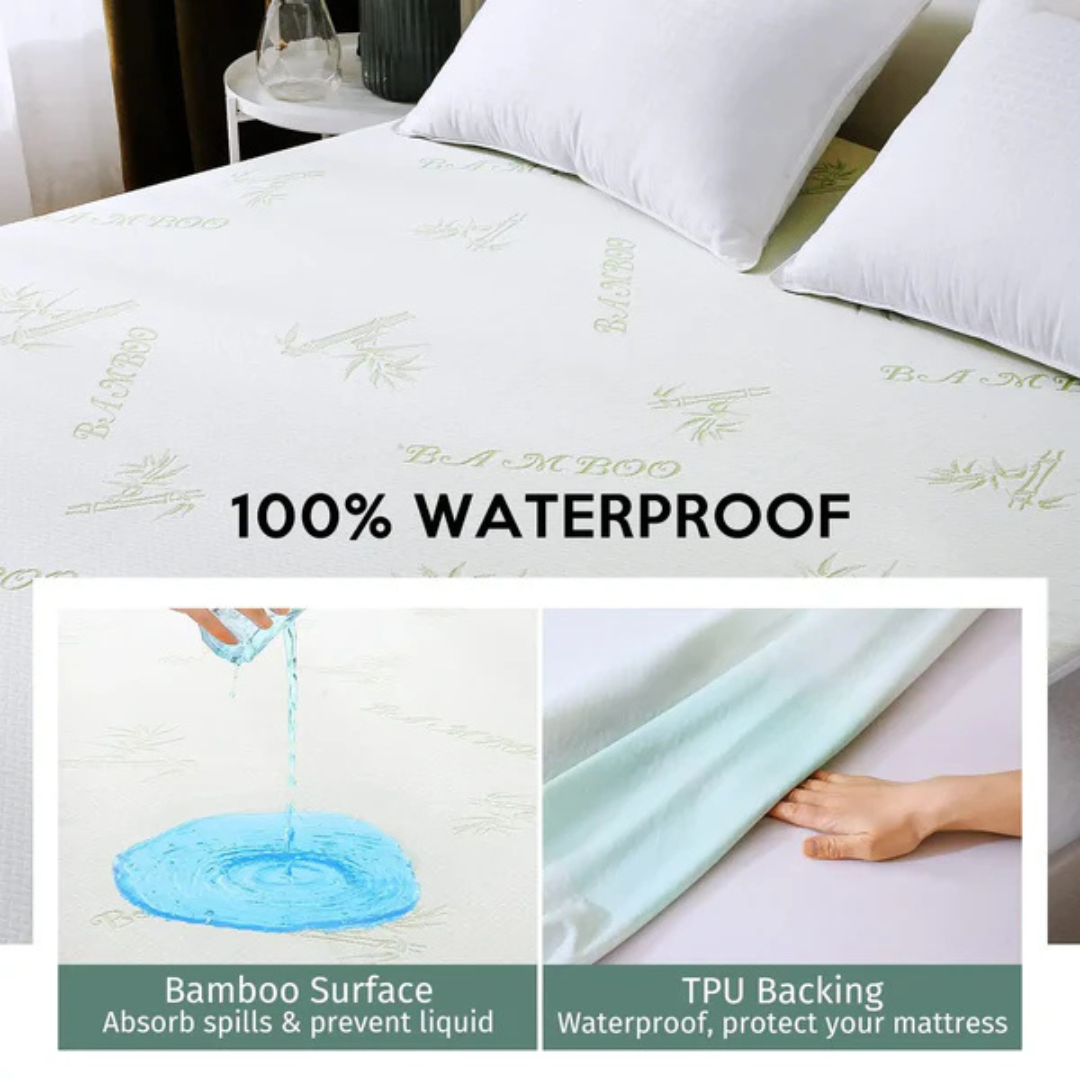 The Waterproof Mattress Shield For Elevra Beds - PureBamboo™ covers a bed with two pillows, labeled 100% Waterproof. Insets display water poured on the protector and a hand lifting the corner to show the waterproof TPU backing.