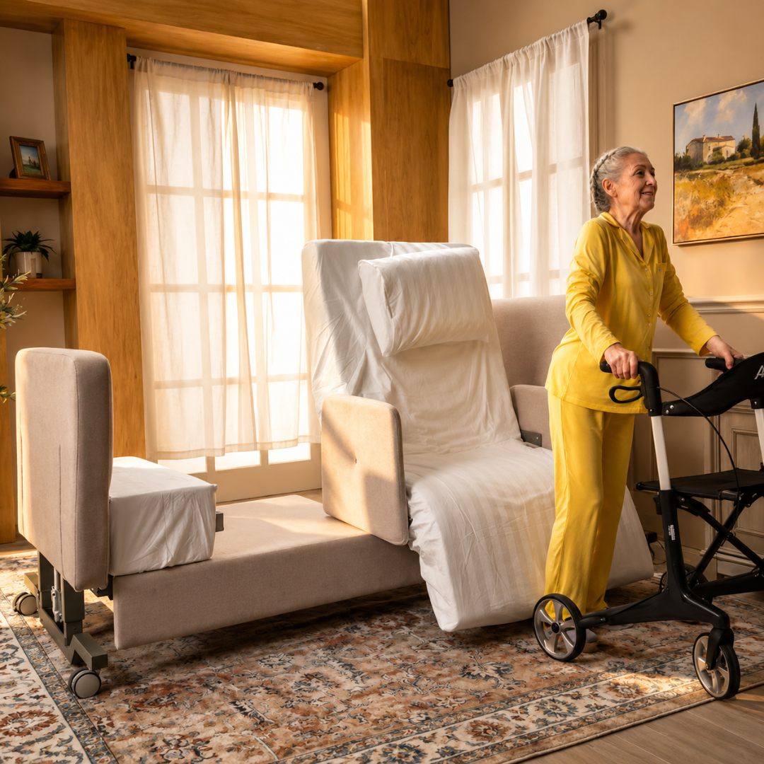 An older woman in yellow pajamas stands with a walker beside an Elevra Deluxe Rotating Hi-Lo Lift Assist Bed in a bright, stylish living room with large windows and a patterned rug.
