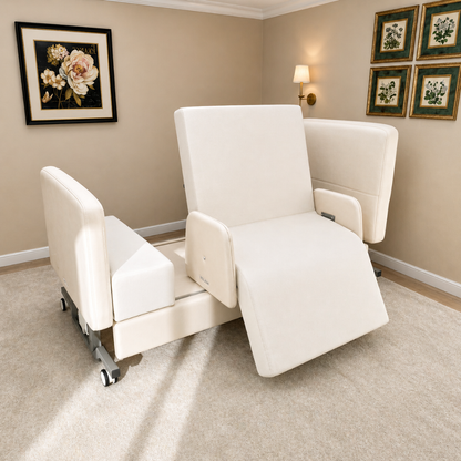 An Elevra Deluxe Rotating Hi-Lo Lift Assist Bed with cream upholstery is displayed in a bright room with beige walls, floral artwork, and carpeted floors. The bed’s backrest and leg rest are raised for customized comfort.