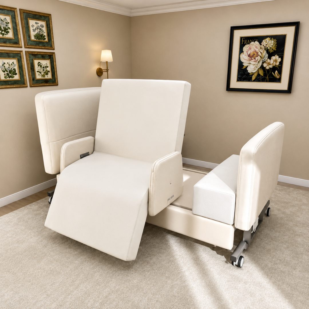 An Elevra Deluxe Rotating Hi-Lo Lift Assist Bed in cream is placed in a carpeted room with beige walls, floral wall art, and framed botanical prints.