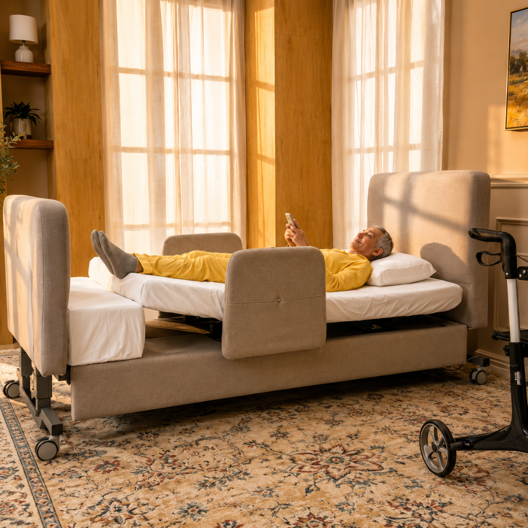 An elderly person in yellow pajamas lies on an Elevra Deluxe Rotating Hi-Lo Lift Assist Bed, using a smartphone. A walker is nearby in a bright, sunlit room with large windows, beige walls, and a patterned rug.