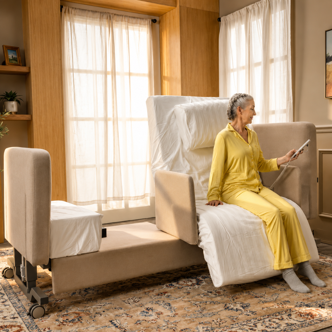 An older woman in yellow pajamas sits on an Elevra Deluxe Rotating Hi-Lo Lift Assist Bed with a remote control, in a bright, cozy room featuring large windows and light curtains.