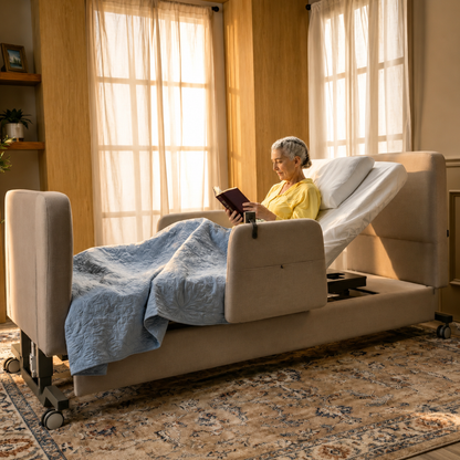An elderly woman sits up in an Elevra Deluxe Rotating Hi-Lo Lift Assist Bed, reading a book under a blue quilt. Sunlight pours through tall windows in a warmly decorated room with plants and a patterned rug.