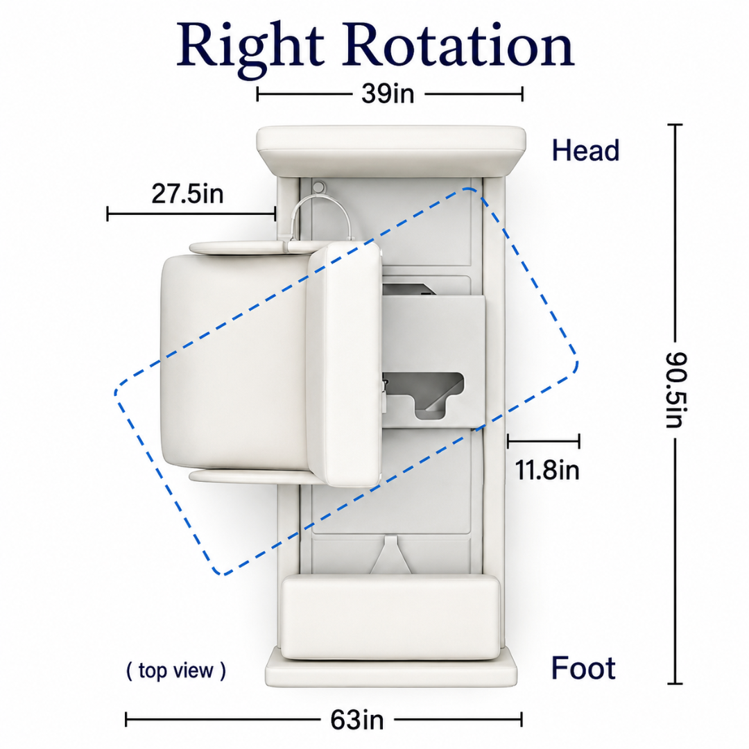 Top view diagram of the Elevra Deluxe Rotating Hi-Lo Lift Assist Bed, Right Rotation, with dimensions: 90.5" length, 39" width, 63" rotation area, main section 27.5", side section 11.8".
