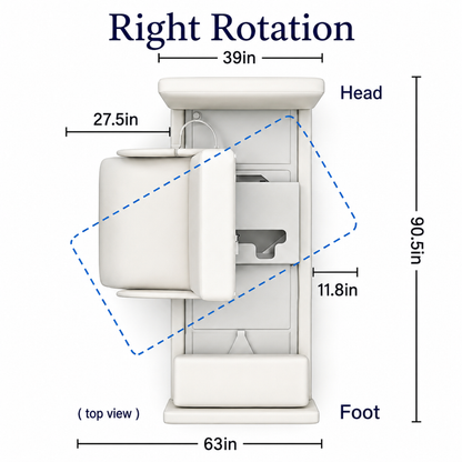 Top view diagram of the Elevra Deluxe Rotating Hi-Lo Lift Assist Bed, Right Rotation, with dimensions: 90.5" length, 39" width, 63" rotation area, main section 27.5", side section 11.8".