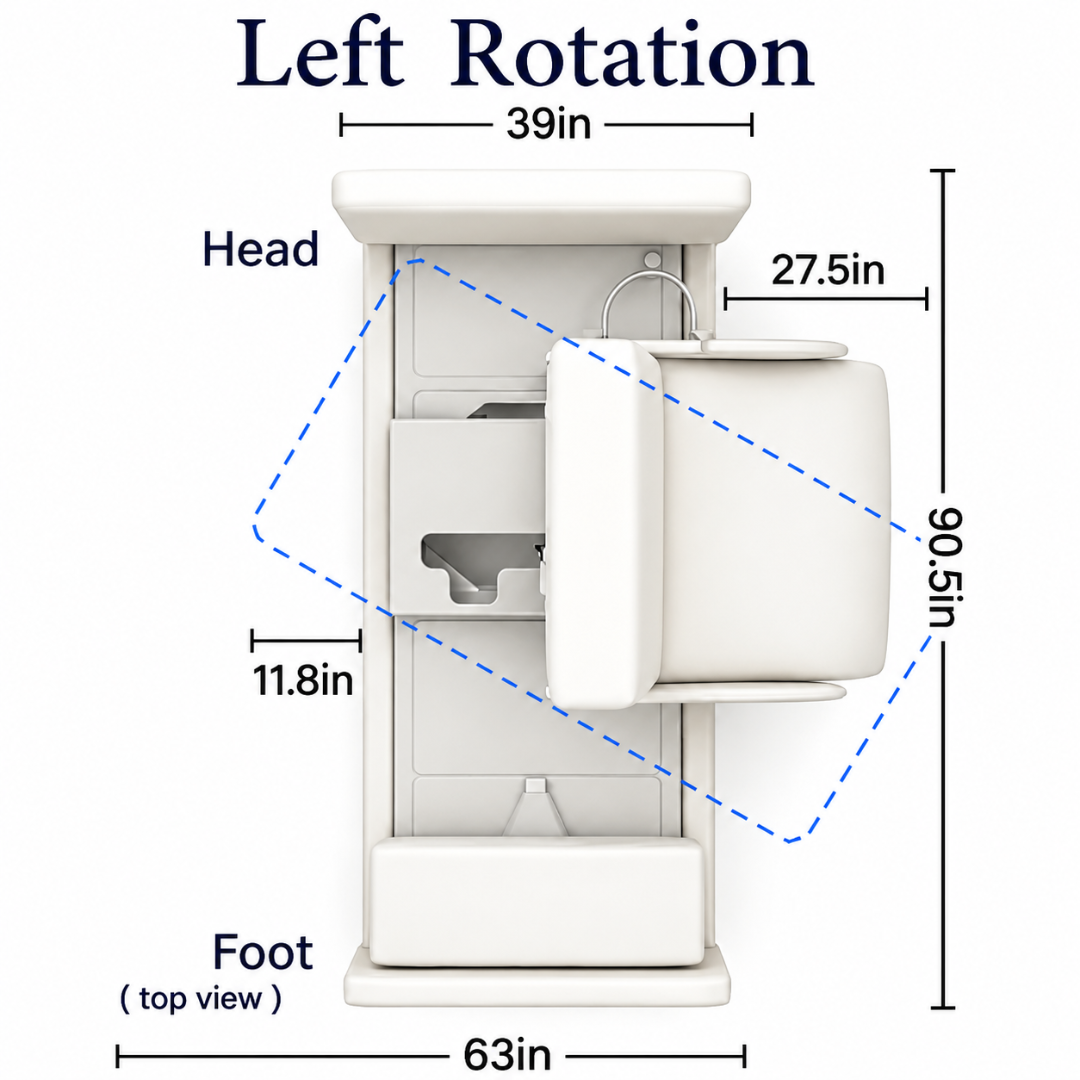 Top view diagram of the Elevra Deluxe Rotating Hi-Lo Lift Assist Bed labeled “Left Rotation,” showing: 39 in wide, 90.5 in diagonal, 63 in long, backrest 27.5 in wide, headrest 11.8 in—ideal as a lift assist bed.