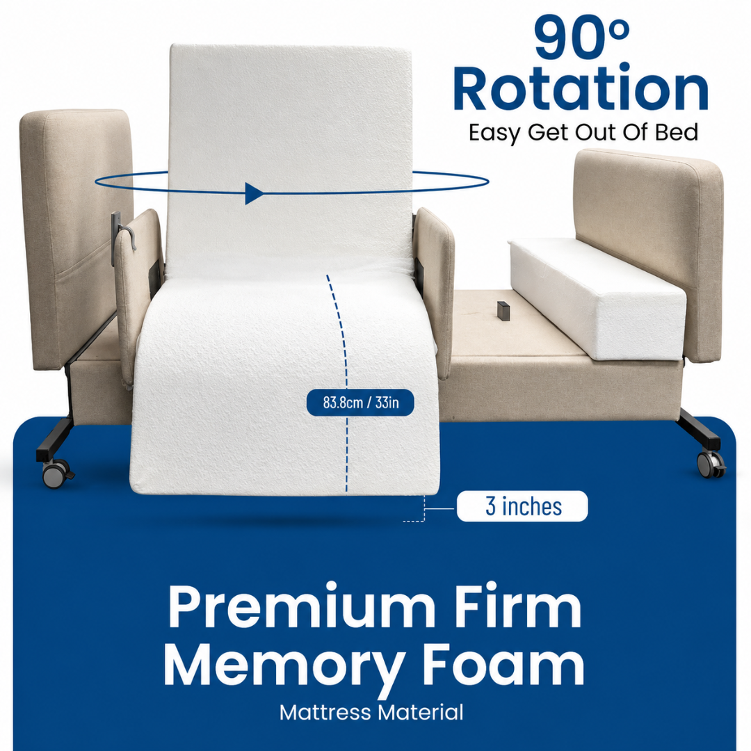 The Elevra Deluxe Rotating Hi-Lo Lift Assist Bed offers beige upholstery, a 33-inch-wide premium firm memory foam mattress, 90-degree rotation for easy exits, and blue and white labeling to showcase its advanced features.