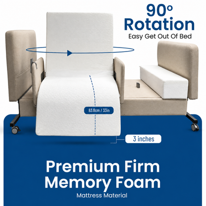 The Elevra Deluxe Rotating Hi-Lo Lift Assist Bed offers beige upholstery, a 33-inch-wide premium firm memory foam mattress, 90-degree rotation for easy exits, and blue and white labeling to showcase its advanced features.