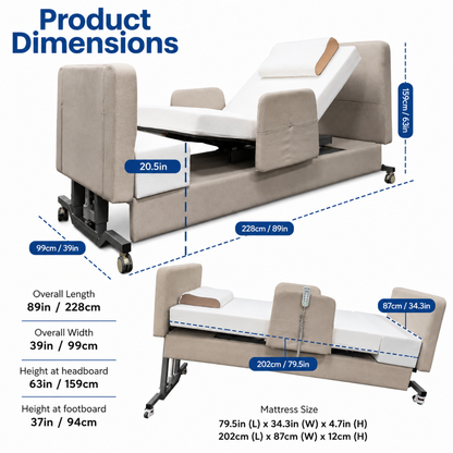 Product dimensions for the Elevra Deluxe Rotating Hi-Lo Lift Assist Bed: length 89 in (228 cm), width 39 in (99 cm), headboard height 63 in (159 cm), footboard height 37 in (94 cm), mattress size 79.5 x 34.3 in.