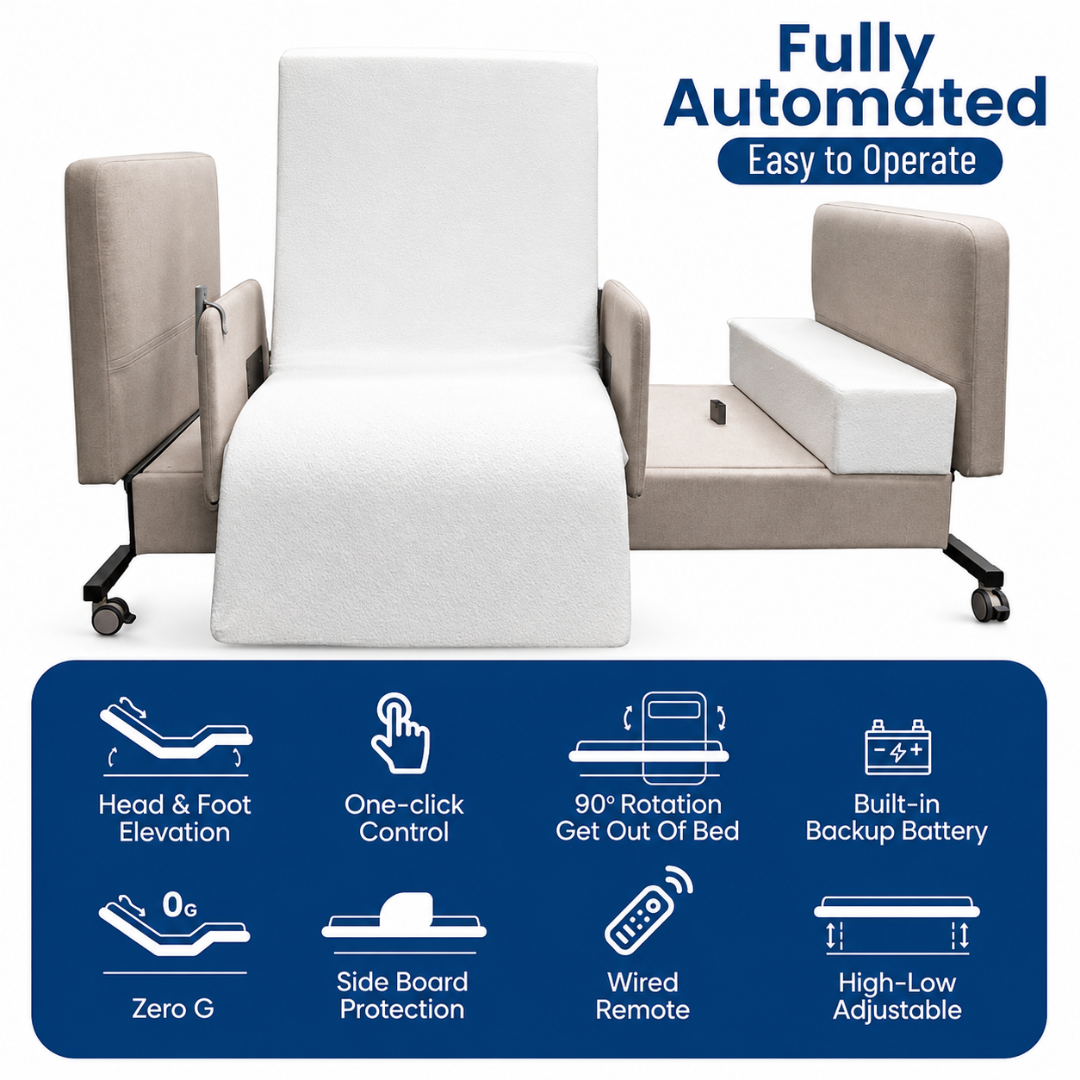 The Elevra Deluxe Rotating Hi-Lo Lift Assist Bed is a fully automated adjustable bed with sideboards, icons for head/foot lift, one-touch control, 90° rotation for easy exit, backup battery, Zero G mode, and a wired remote.