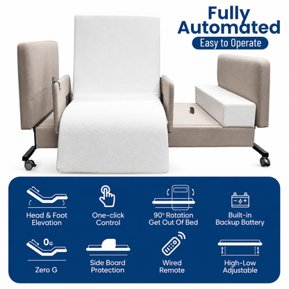 The Elevra Deluxe Rotating Hi-Lo Lift Assist Bed is a fully automated adjustable bed with sideboards, icons for head/foot lift, one-touch control, 90° rotation for easy exit, backup battery, Zero G mode, and a wired remote.