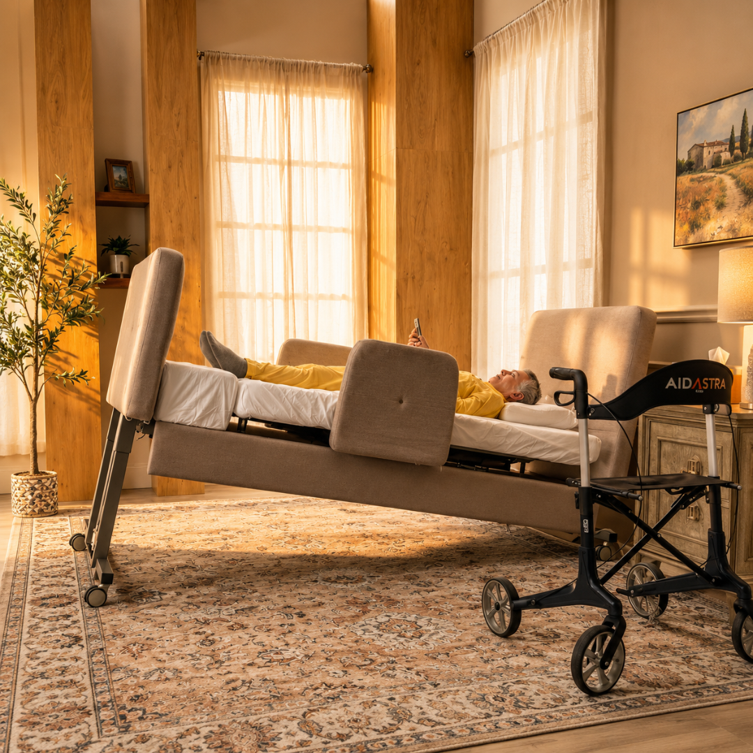 An elderly person in yellow pajamas relaxes in an Elevra Deluxe Rotating Hi-Lo Lift Assist Bed in a cozy, sunlit room using a phone. Nearby, a wheelchair marked AID ASTRA rests on a patterned rug.