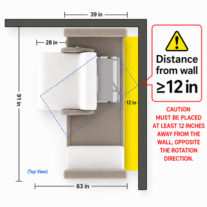 Top-view diagram of an Elevra Deluxe Rotating Lift Assist Bed - Dual King and desk by a wall, with a yellow zone showing the bed or chair must be at least 12 inches from the wall. Includes warning symbols and measurements.