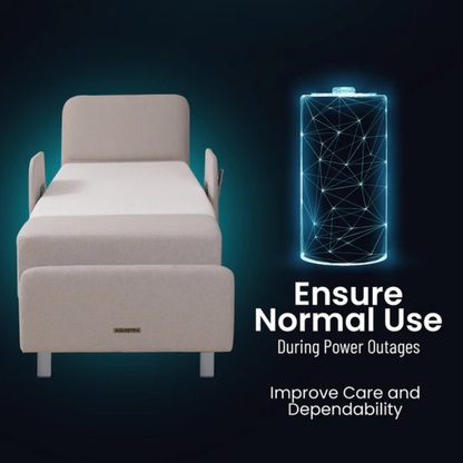 A hospital bed with a glowing digital battery icon. Text reads: Ensure normal use during power outages with the Elevra Deluxe Rotating Lift Assist Bed - Dual King. Enhance care and reliability for advanced homecare needs.