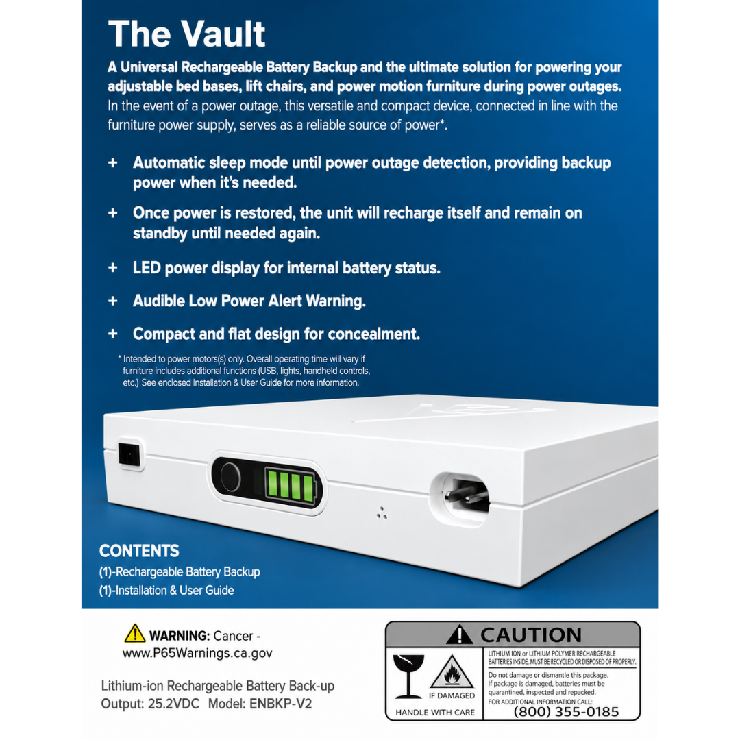 The Vault - Universal Rechargeable Battery Backup by Enouvation is displayed on a blue background, featuring indicator lights and a power button. Text emphasizes power outage backup, auto recharging, and details about this versatile backup system.