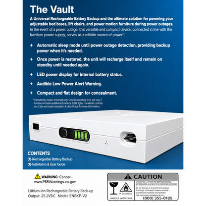The Vault - Universal Rechargeable Battery Backup by Enouvation is displayed on a blue background, featuring indicator lights and a power button. Text emphasizes power outage backup, auto recharging, and details about this versatile backup system.