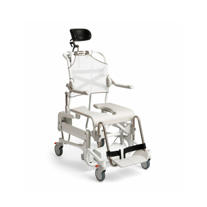 Etac Alto Electrically Powered Shower Commode Chair with a mesh backrest, headrest, armrests, and footrests on locking casters.