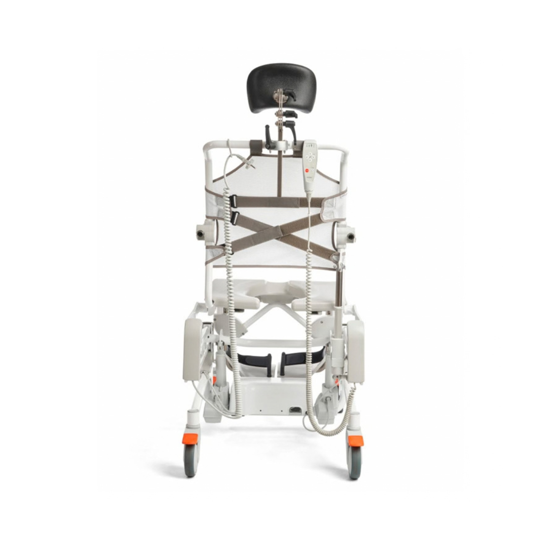 Etac Alto Electrically Powered Shower Commode Chair featuring a headrest, mesh backrest, and a handheld remote control.