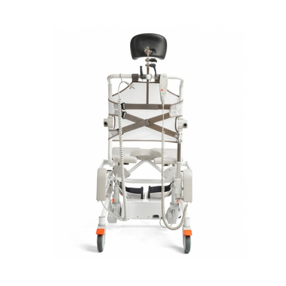 Etac Alto Electrically Powered Shower Commode Chair featuring a headrest, mesh backrest, and a handheld remote control.