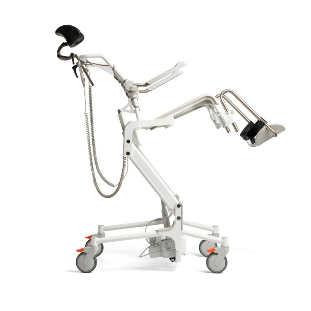 Etac Alto Electrically Powered Shower Commode Chair on wheels, featuring an adjustable headrest and footrests.